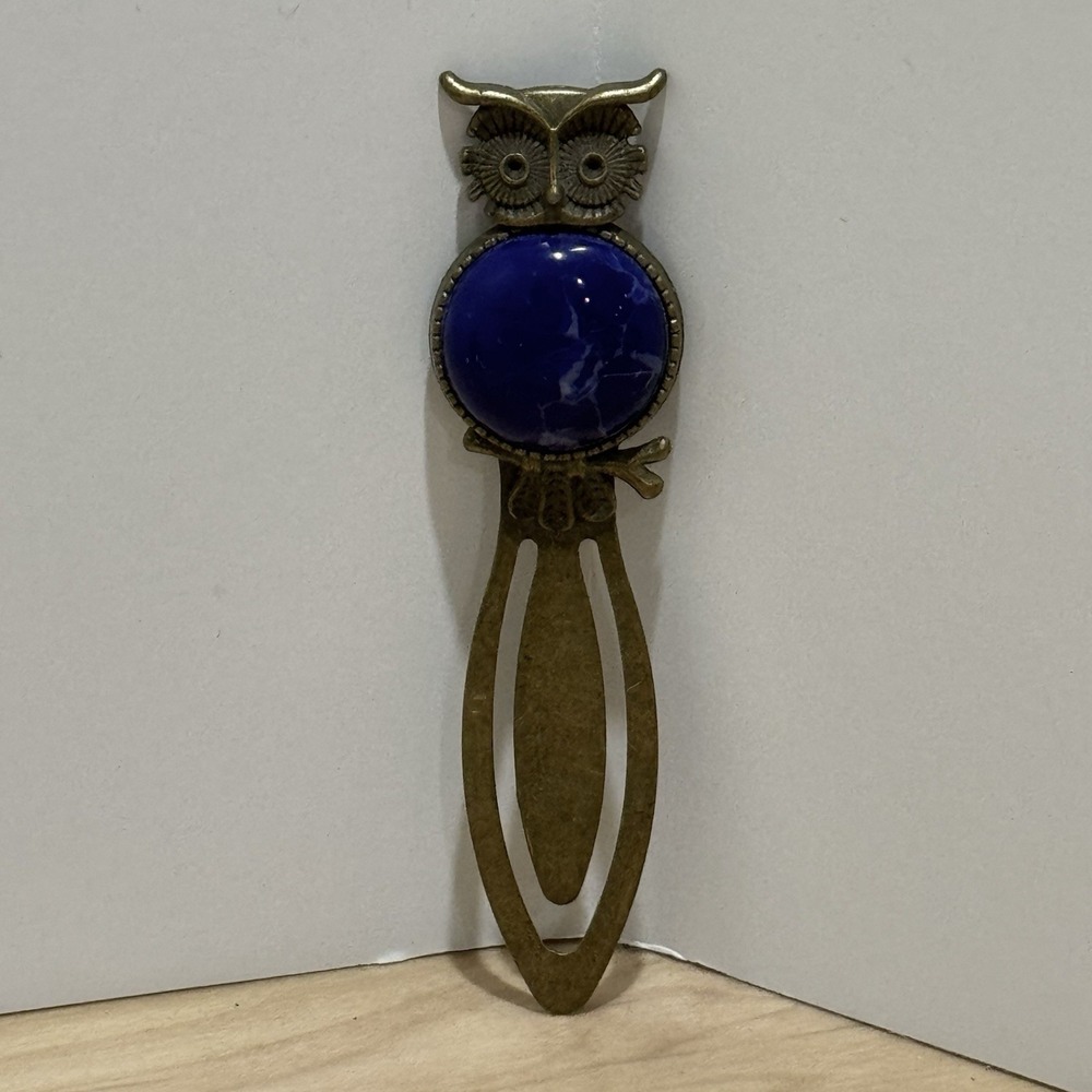 VTG Antique Bronze Toned Owl On A Branch Bookmark Semi Precious Blue Stone 3.5"